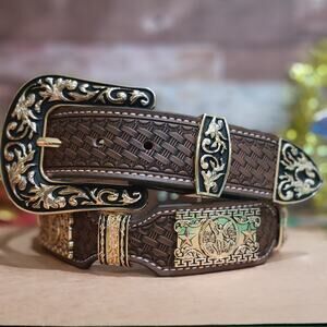 Centenario Western Belt Cowboy Cowgirl/ star Gold genuine Leather sz LG